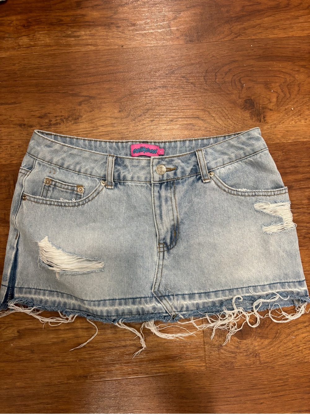 Edikted Light Blue Distressed Denim Mini Skirt